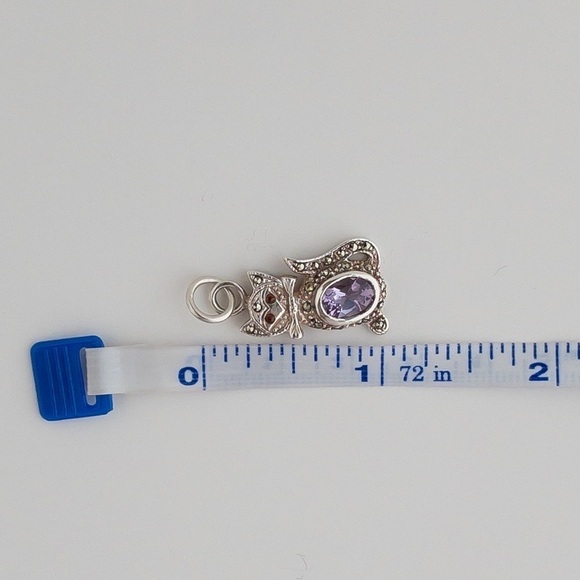 Vintage Sterling Silver Garnet Amethyst Marcasite Pendant Kitty Cat Feline - Picture 10 of 10